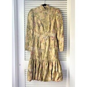 Vintage 1980s 80s Gold Floral Jacquard Sculptural Long Sleeve Mermaid Dress S